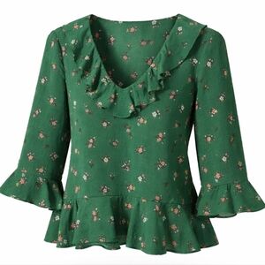 Topshop | Green Floral Ruffle Blouse Size US 12 Peplum 3/4 Sleeve